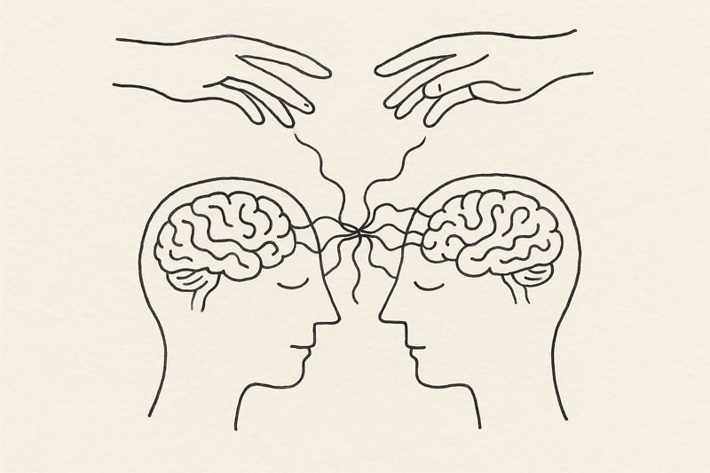 Ilustração em linhas simples: duas mãos aproximam-se e fios neurais ligam dois cérebros, simbolizando empatia e ligação numa equipa.